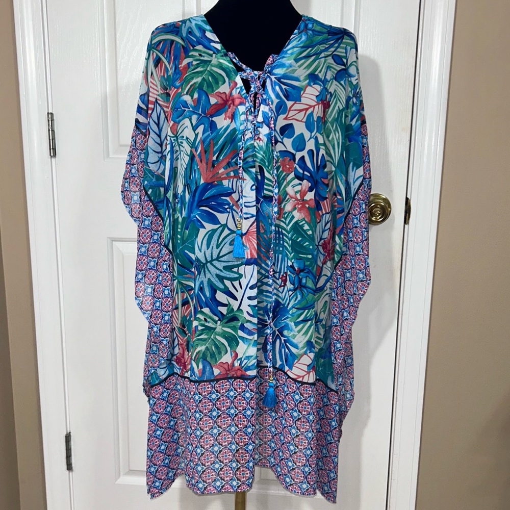 Tommy Bahama Tropical Floral Kaftan Cover Up S/M Blue Pink Tassel Boho Resort